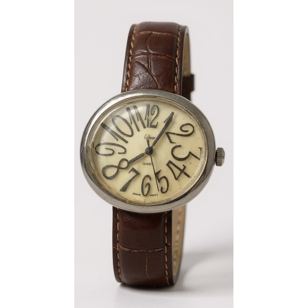Collezio Quartz Watch White Pearlized Dial  Silver Tone Case‎ Brown Leather Band
